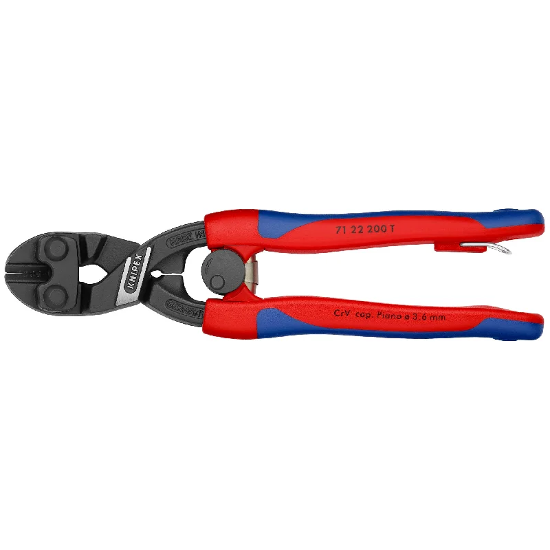 Pliers for cutting nails, wire, and fasteners-Knipex 71 22 200 T BKA 8" CoBolt® High Leverage 20° Angled Compact Bolt Cutters-Tethered Attachment