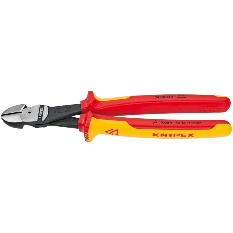 Pliers with ergonomic handle design for reduced hand strain-Knipex 74 08 250 US Insulated High Leverage Diagonal Cutters