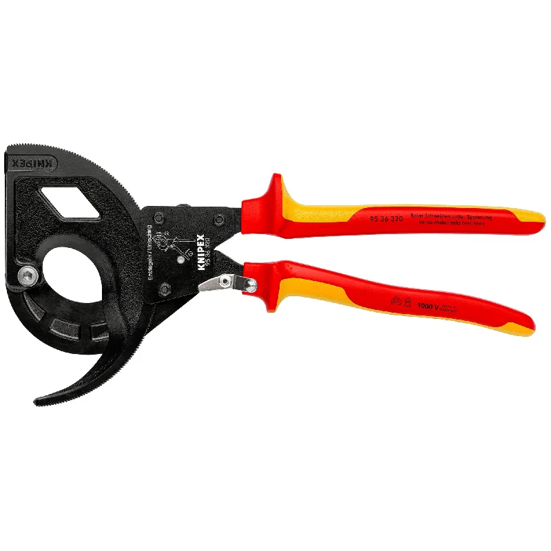 Precision flat nose pliers for straight-edge gripping-Knipex 95 36 320 12 1/2" 3 Stage Ratcheting Drive Cable Cutter-1000V Insulated