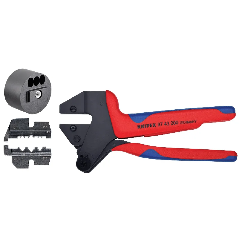 Pliers with ergonomic handle design for ease of use-Knipex 9K 00 80 61 US 10 1/2" Crimp System Pliers (97 43 200) and Crimp Die: Solar Connectors for MC3 Multi Contact (97 49 65) & Locator For 97 49 65 (97 49 65 1) Packaged In A Protective Plastic Case