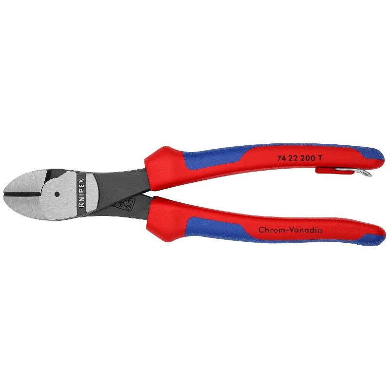 Pliers with comfortable rubberized handles-Knipex 74 22 200 T BKA 8" High Leverage 12° Angled Diagonal Cutters-Tethered Attachment