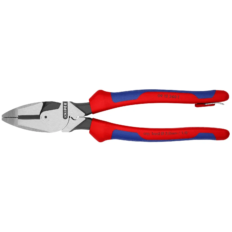 Specialty pliers for HVAC system repairs-Knipex 09 12 240 T BKA 9 1/2" High Leverage Lineman's Pliers New England with Tape Puller & Crimper-Tethered Attachment