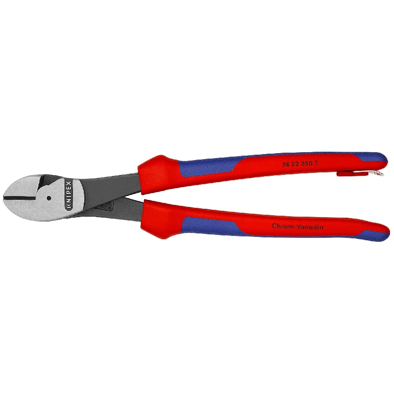 Pliers with cutting jaws for wire and cable work-Knipex 74 22 250 T BKA 10" High Leverage 12° Angled Diagonal Cutters-Tethered Attachment