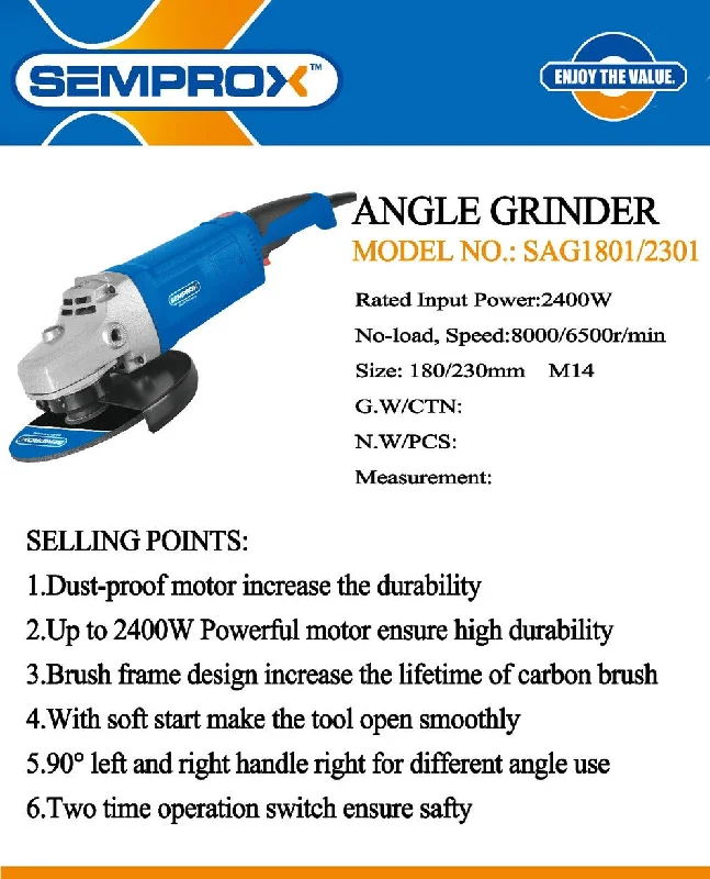 Cordless angle grinders with lithium-ion batteries for longer use-Semprox 180mm Angle Grinder 2400wIndustrial Heavy Duty