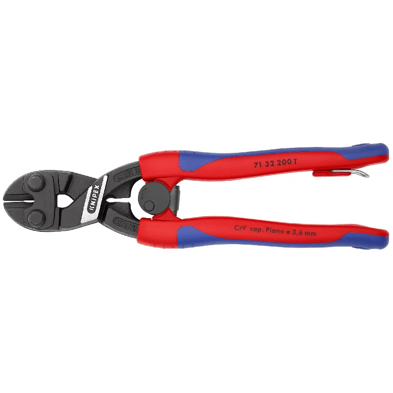 Pliers with rotating jaws for precise angle adjustments-Knipex 71 32 200 T BKA 8" CoBolt® High Leverage Compact Bolt Cutter-Notched Blade-Tethered Attachment