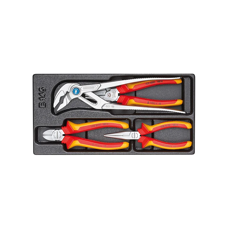 Compact needle nose pliers for small spaces-GEDORE 1733079 Series 1500 ES-VDE 145 VDE Plier Set, 1/3 ES Tool Module